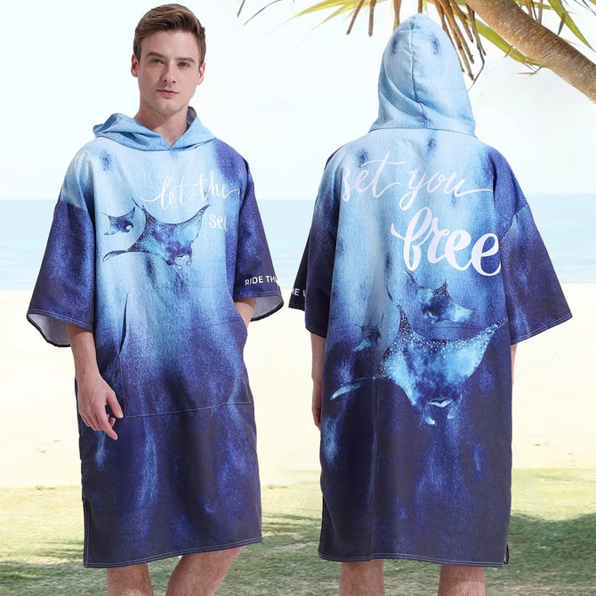 A hooded change towel featuring a blue gradient design with an ocean theme. It has a logo on the front.