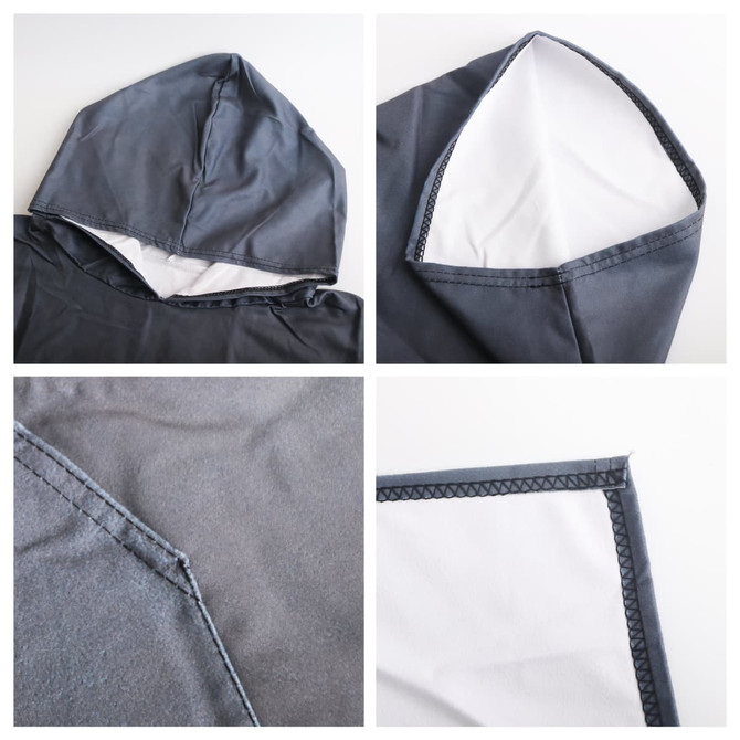 A grey hooded change towel made of 100% microfibre featuring a soft inner lining and stitched seams, with a logo present.