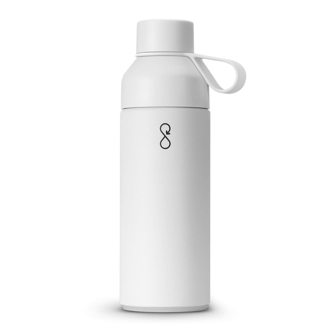 A drink bottle in white with a sleek design and a handle. It features a logo on the front.