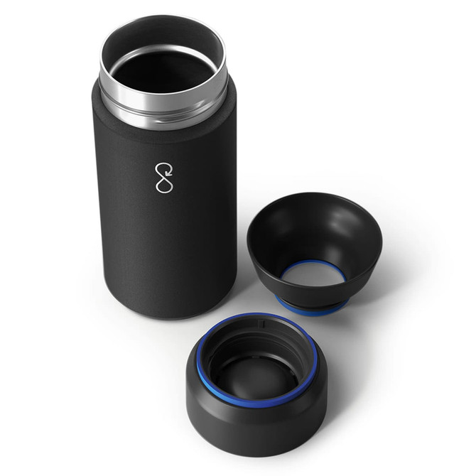 A drink bottle in black with a stainless steel interior, featuring removable components and a logo design.