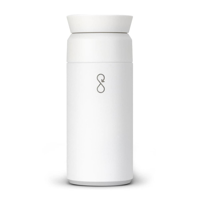 A drink bottle in white with a circular lid and a logo on the front, designed as a travel mug.