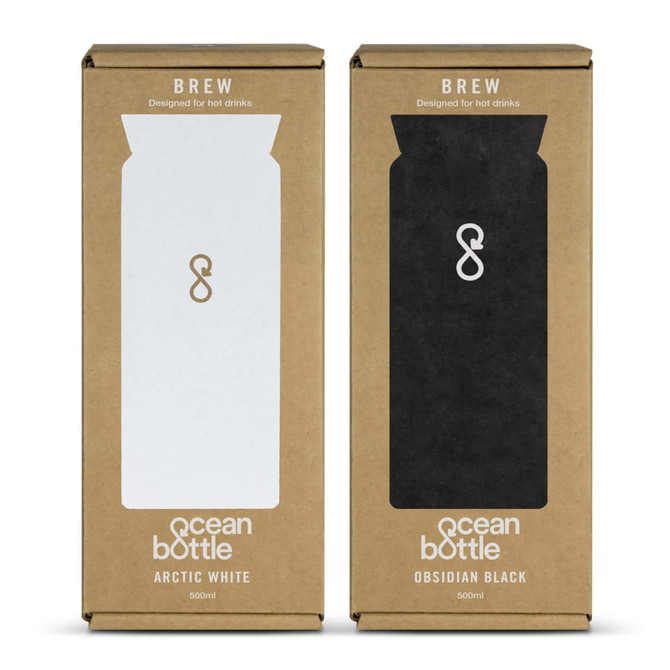 A drink bottle set featuring two travel mugs in Arctic White and Obsidian Black, with a logo on the packaging.