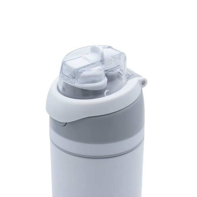 A drink bottle in white and grey with a twist cap and built-in straw. Features a logo on the body.