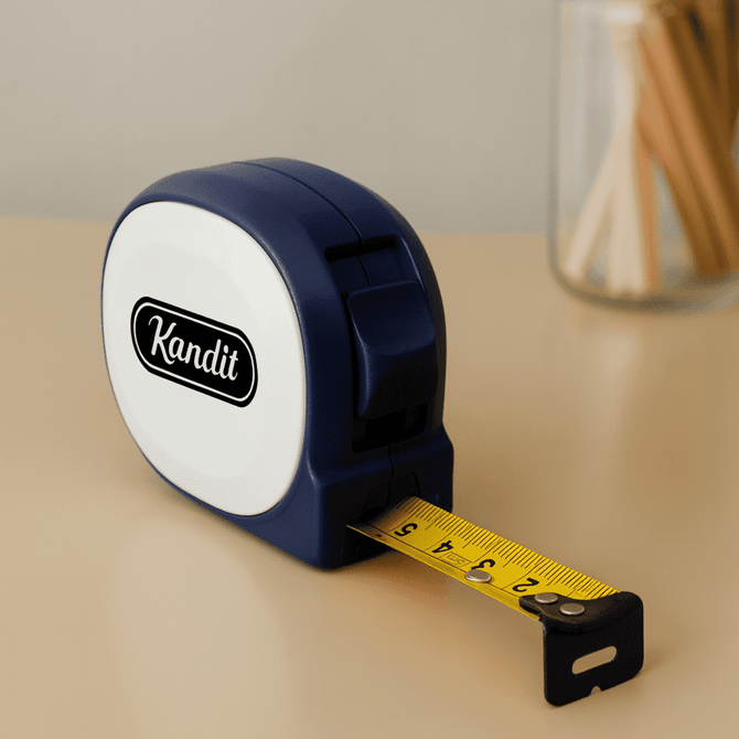 A blue tape measure extends from a white casing, featuring a logo. It has a yellow measuring tape with black markings.