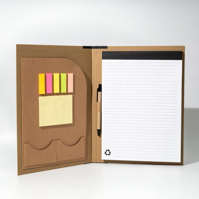 A brown A4 padfolio featuring a lined notepad, sticky notes, pockets, and a pen. It has a logo on the front.