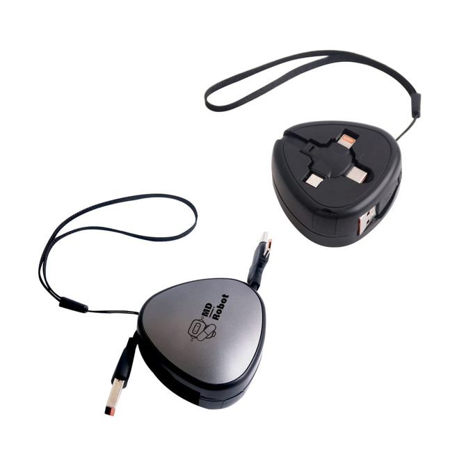 A triangular retractable portable charging cable in black and silver with a logo and a loop for easy carrying.