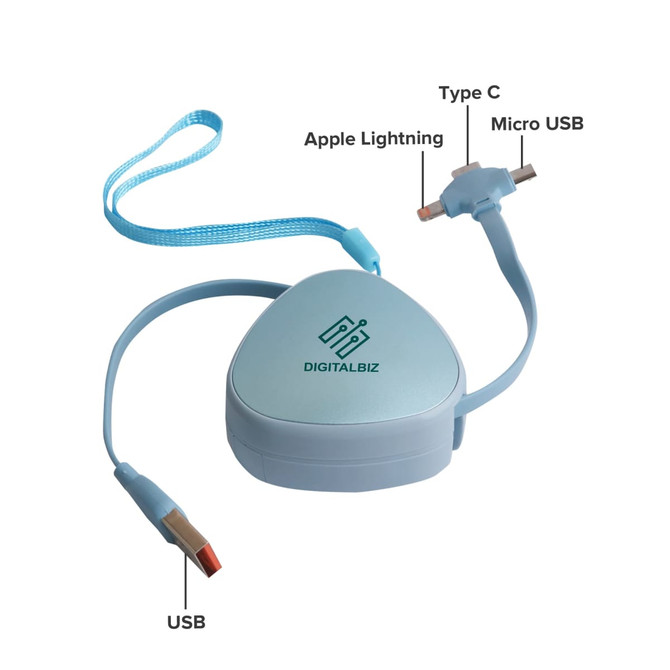 A light blue 3-in-1 retractable charging cable with USB, Type C, and Apple Lightning connectors, featuring a logo.