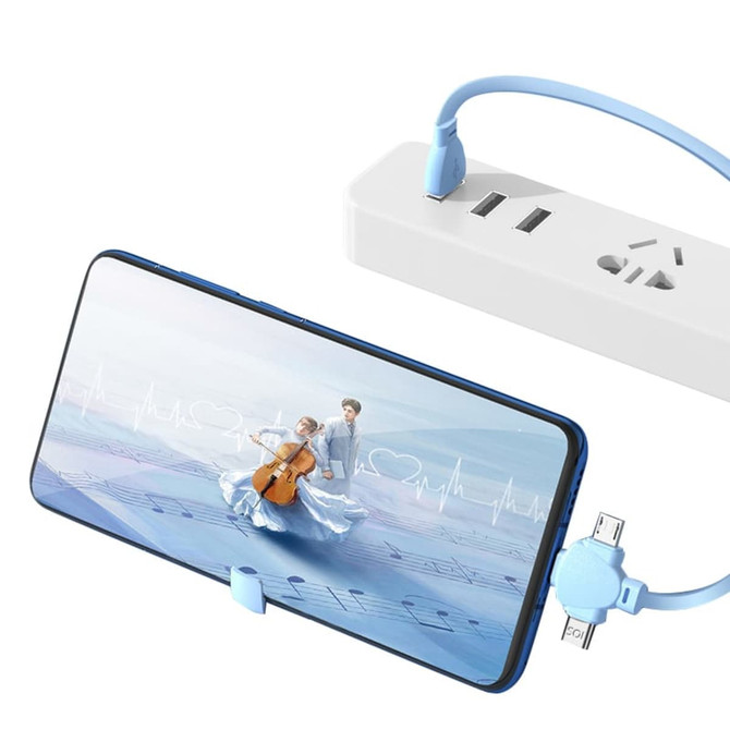 A retractable portable charging cable in blue, connecting to a phone and a power outlet with USB ports.