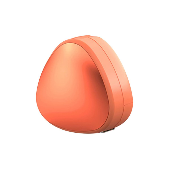 A portable charging cable in a sleek, rounded coral casing, featuring a logo on the surface.