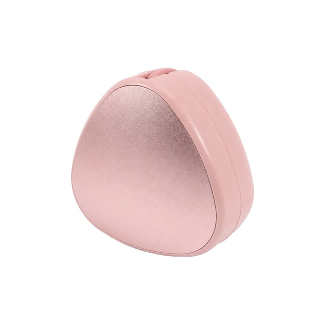 A portable charging cable case in a sleek pink design with a metallic finish. It features a rounded, compact shape.