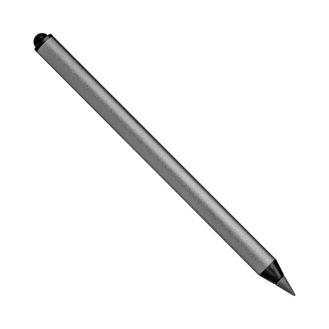 A stylus pen in silver with a black tip, featuring a logo on its surface.