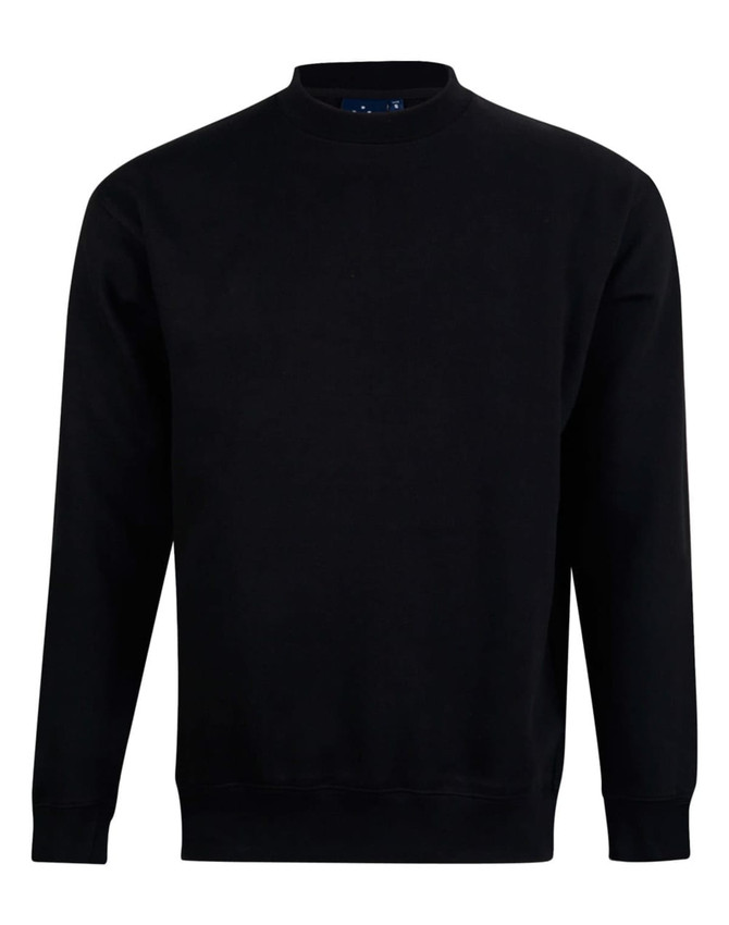 A black kids' crew neck fleecy sweater with long sleeves and a simple design. It features a logo on the label.