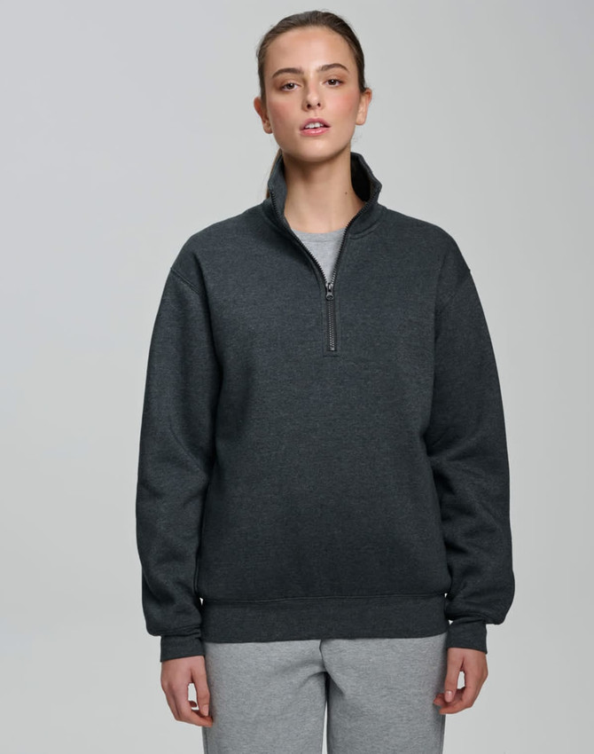A grey 1/2 zip collar fleecy jumper with long sleeves, featuring a logo on the chest.