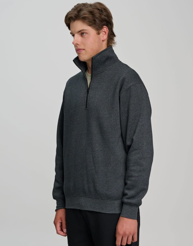A grey 1/2 zip collar fleecy jumper featuring a logo, designed for warmth and comfort.