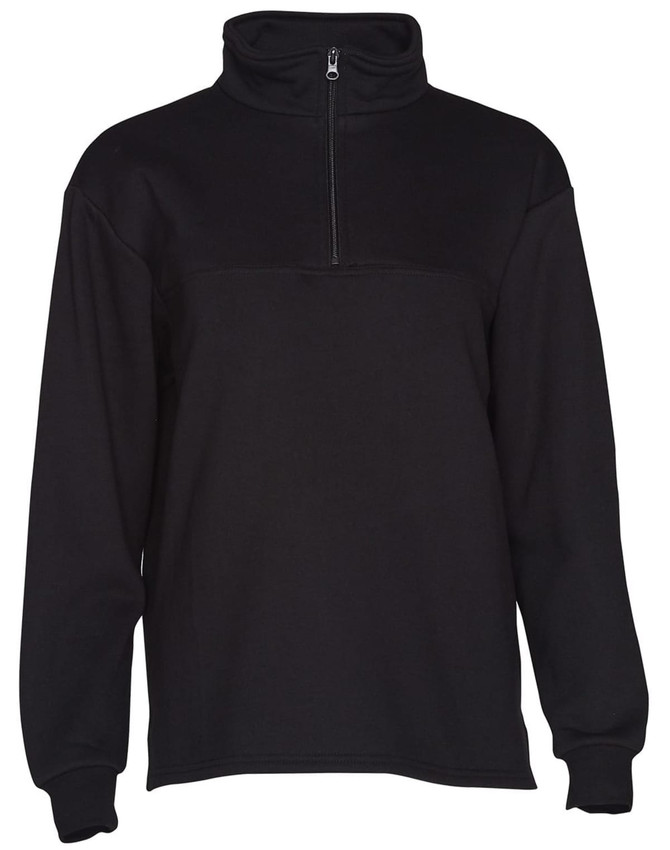 A black half-zip fleece jumper featuring a high collar and long sleeves. Includes a logo.