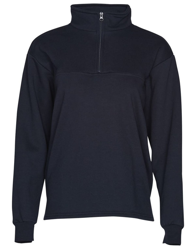 A navy fleecy sweat with a half zip collar and long sleeves, featuring a branding logo.