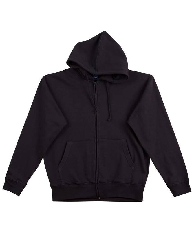 A men's full-zip fleecy hoodie in black with a hood and front pockets. It features a logo on the garment.