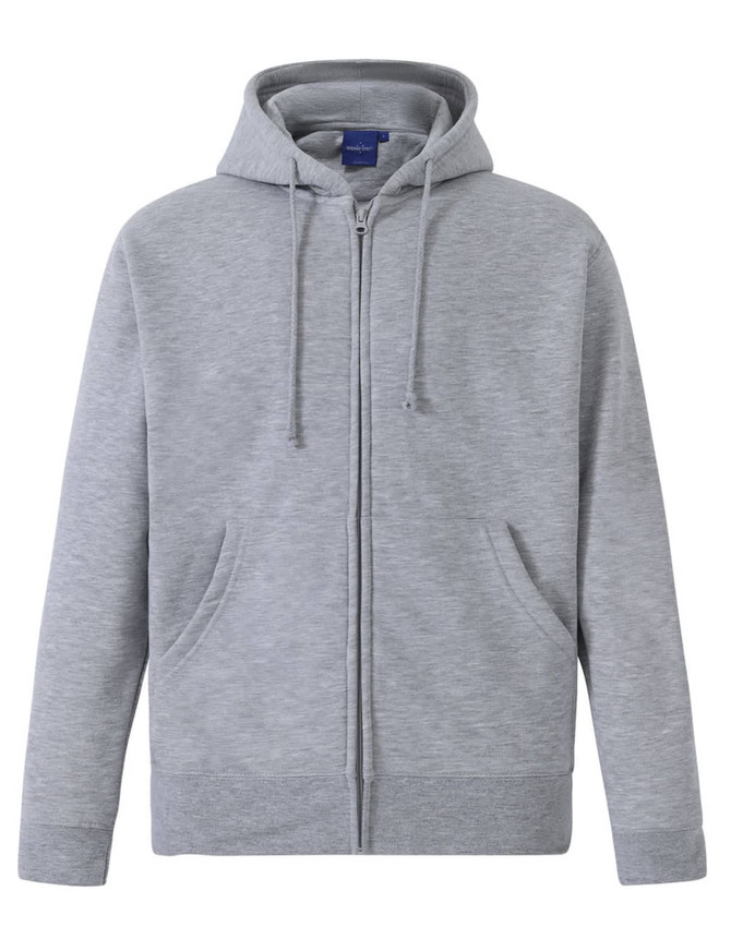 A grey men's full-zip fleecy hoodie featuring a hood and a logo.