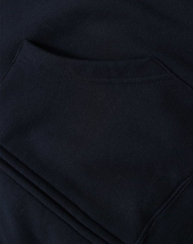 A close-up of a black men's full-zip fleecy hoodie featuring a front pocket. The fabric appears soft and textured.