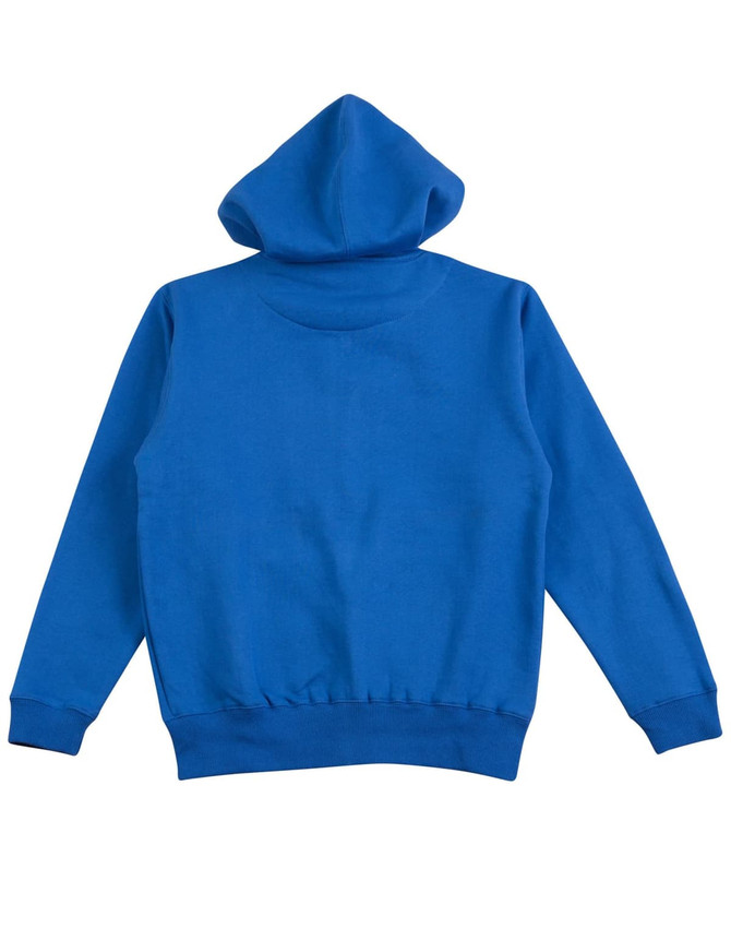A blue full-zip fleecy hoodie with a hood and ribbed cuffs. Features a plain design with a logo on the front.