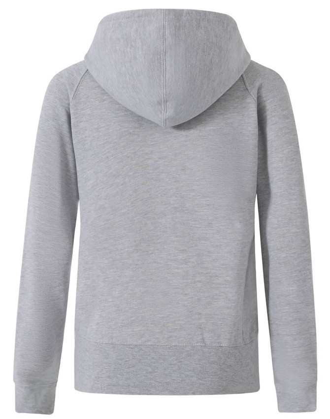 A grey ladies' full-zip fleecy hoodie with a hood and long sleeves, featuring a simple design and branding.
