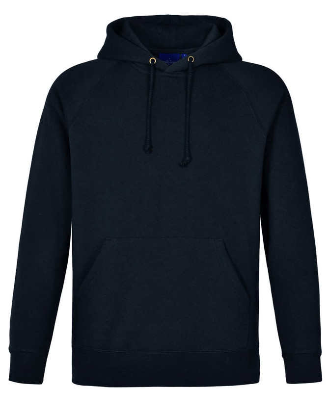 A black men's fleecy hoodie featuring a front pocket and a drawstring hood, with a logo.