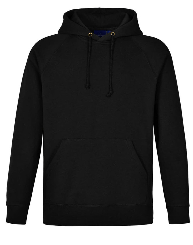 A black men's fleecy hoodie with a front pocket and drawstring hood, featuring a logo on the front.