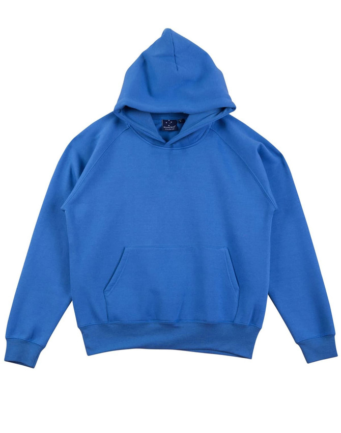 A blue kids' fleece hoodie with a kangaroo pocket and a hood, featuring a logo on the label.