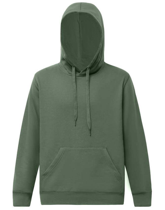 An olive green adult hoodie with a front pocket and a drawstring hood. It features branding on the garment.