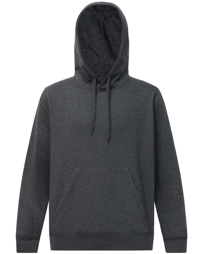A grey adult's close front contrast fleece hoodie with a hood and a front pocket, featuring a logo.