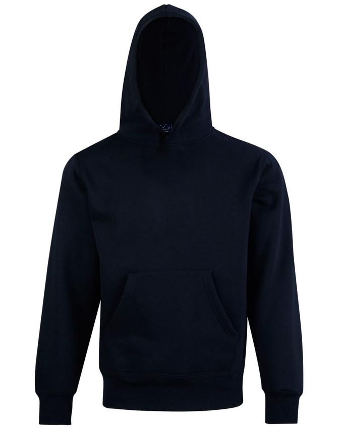 A black kids' hoodie with a front pocket and a large hood. It features a logo on the front.
