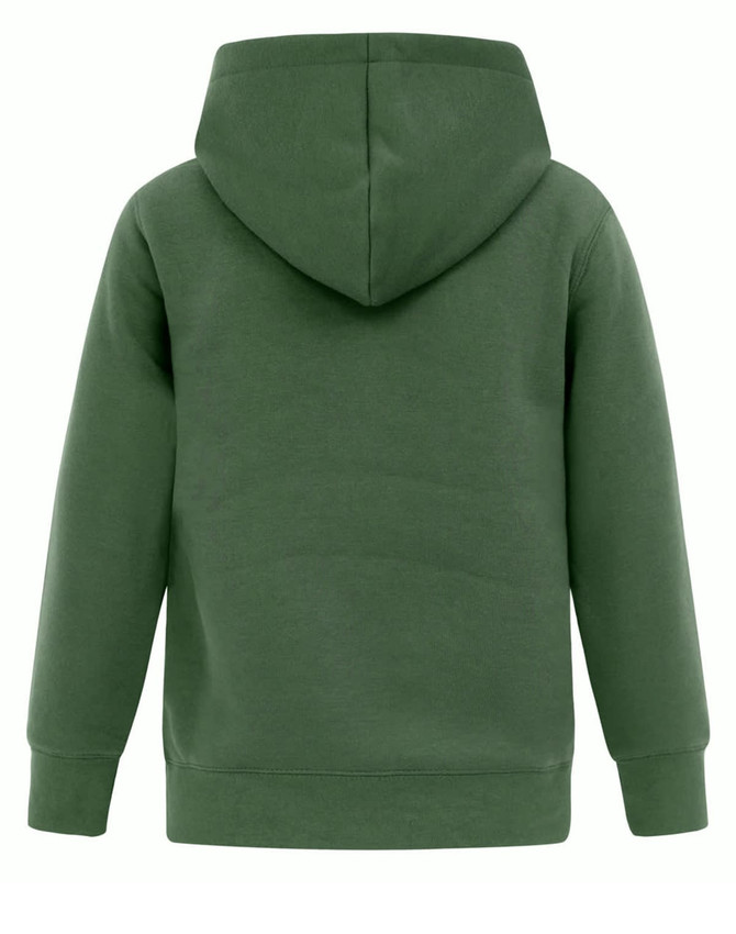 A green kids' hoodie featuring a close front design and a hood. It has long sleeves and a simple style.