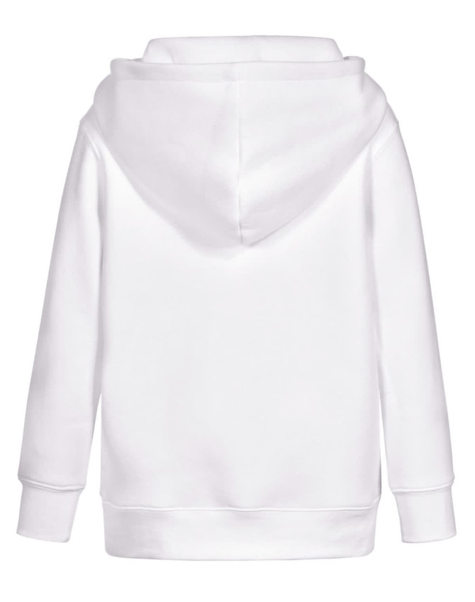 A white kids' hoodie with a close front design and a hood. Features long sleeves and a simple back view.