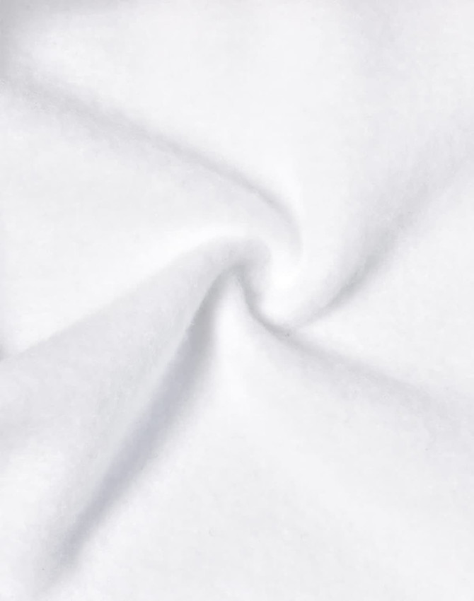A close-up of soft white fleece fabric, showcasing its smooth, textured surface.