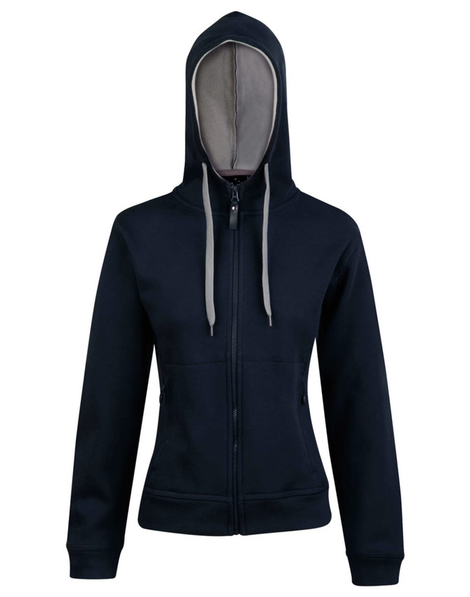 A navy full zip fleece hoodie with a contrasting grey interior and a hood, featuring zippered pockets and a logo.