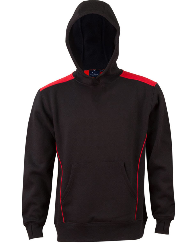 A black hoodie with a contrasting red design, featuring a kangaroo pocket and a hood. It has a logo on it.