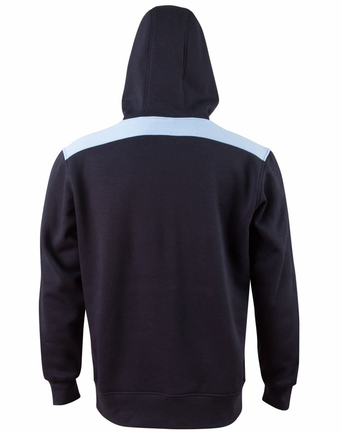 A navy hoodie featuring a light blue contrast stripe across the shoulders and a hood. It has a logo on the back.