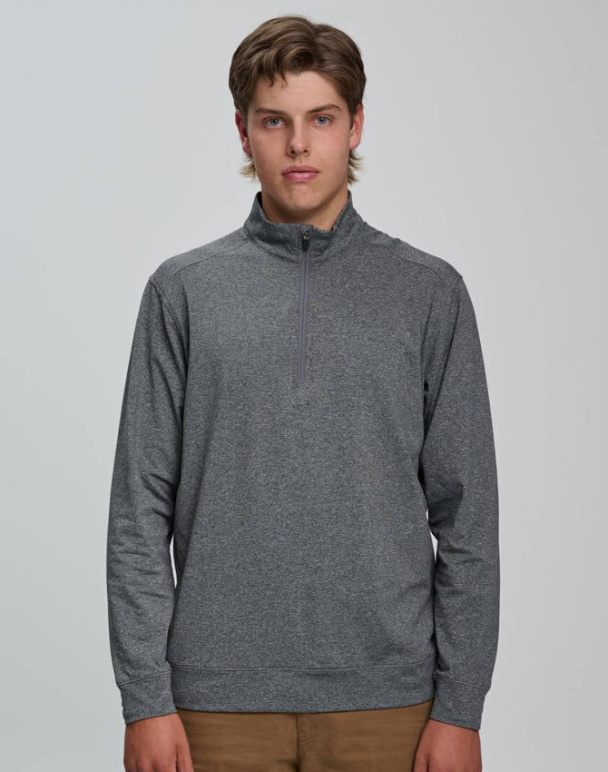 A men's half zip long sleeve sweatshirt in dark grey, featuring a subtle blend texture and a logo.