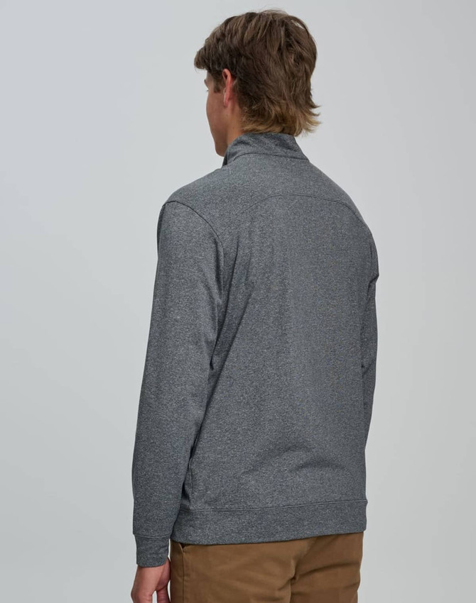 A grey men's half zip long sleeve sweat top featuring a simple design and a back view. It has a logo present.
