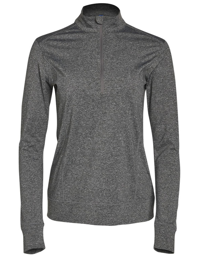 A ladies' half zip long sleeve sweat top in a dark grey colour with a logo. Suitable for casual wear or layering.
