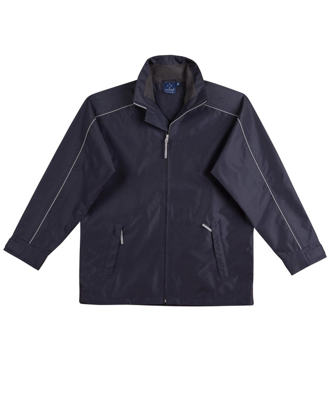 A navy sport/racing jacket with a zip front, side pockets, and reflective detailing. Includes a logo.