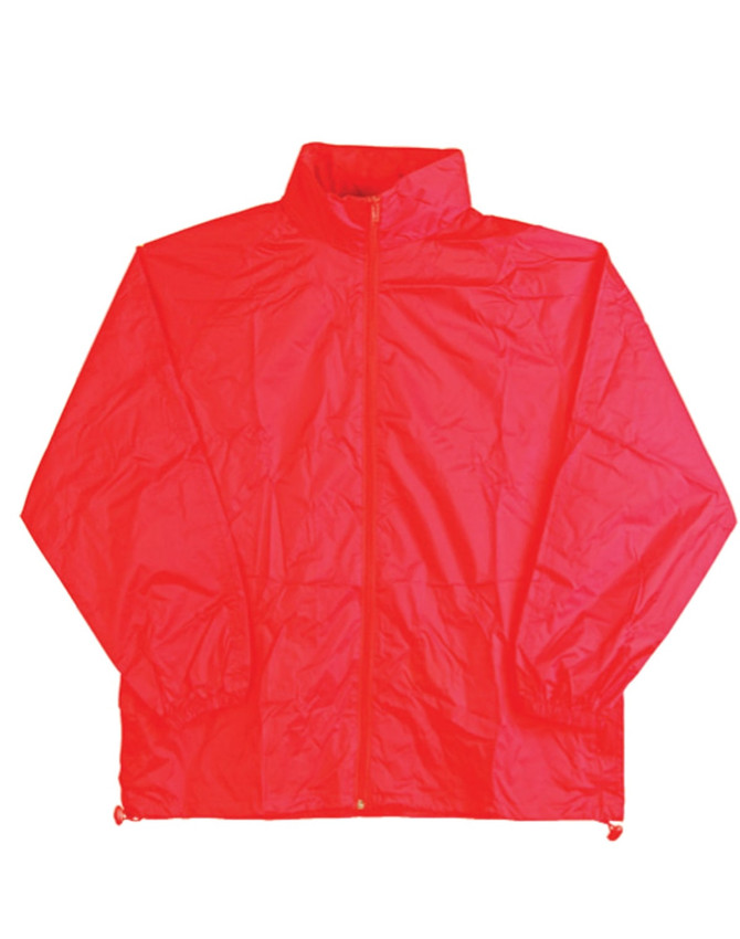 A red kids' outdoor activity spray jacket with a zip front and adjustable hem. Includes a logo on the front.