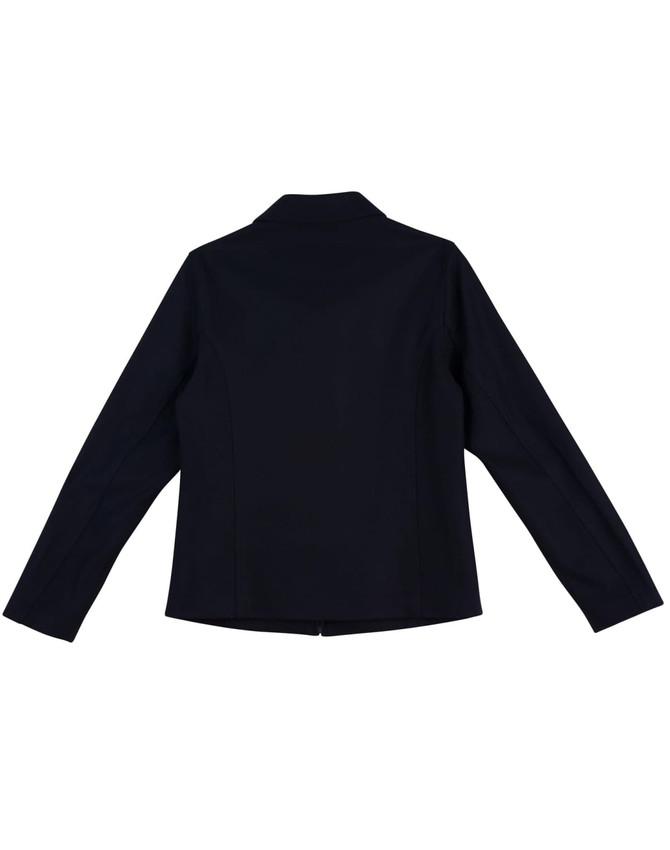 A ladies' corporate jacket in black, featuring a tailored fit and a logo on the back.