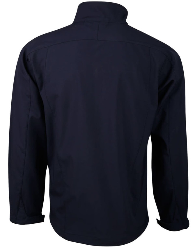 A navy men's softshell jacket featuring a high collar and a smooth back design. Includes a logo.