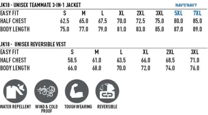 A navy 3-in-1 jacket featuring easy fit and a reversible vest option, with various size measurements listed.