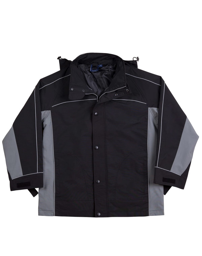 A black and grey men's 3-in-1 jacket featuring a detachable inner layer and a logo.