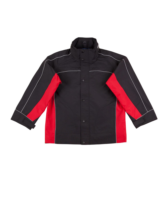 A black and red men's 3-in-1 jacket with a high collar and contrasting side panels, featuring a logo.