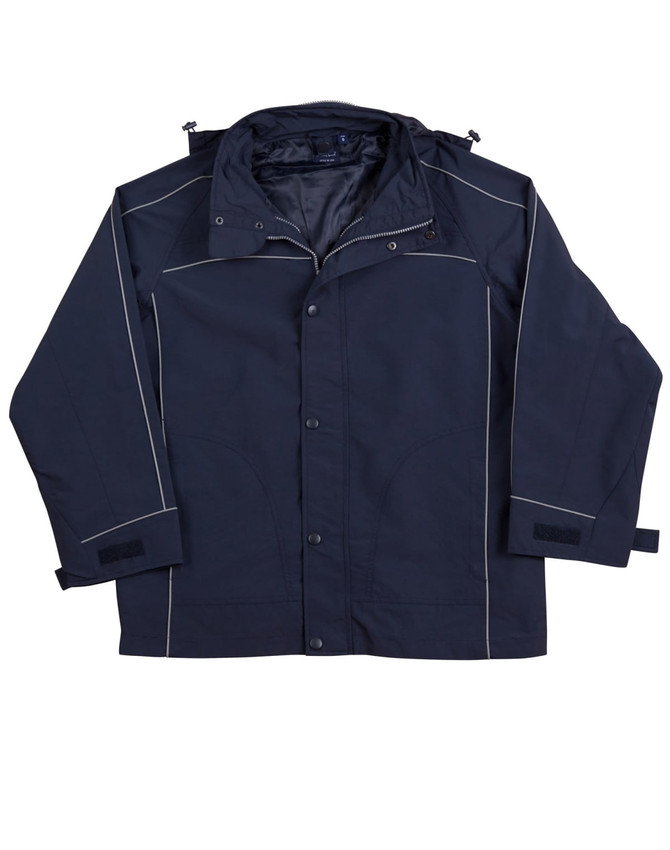 A navy men's 3-in-1 jacket with a zip-off hood and contrasting piping. The jacket features a logo on it.
