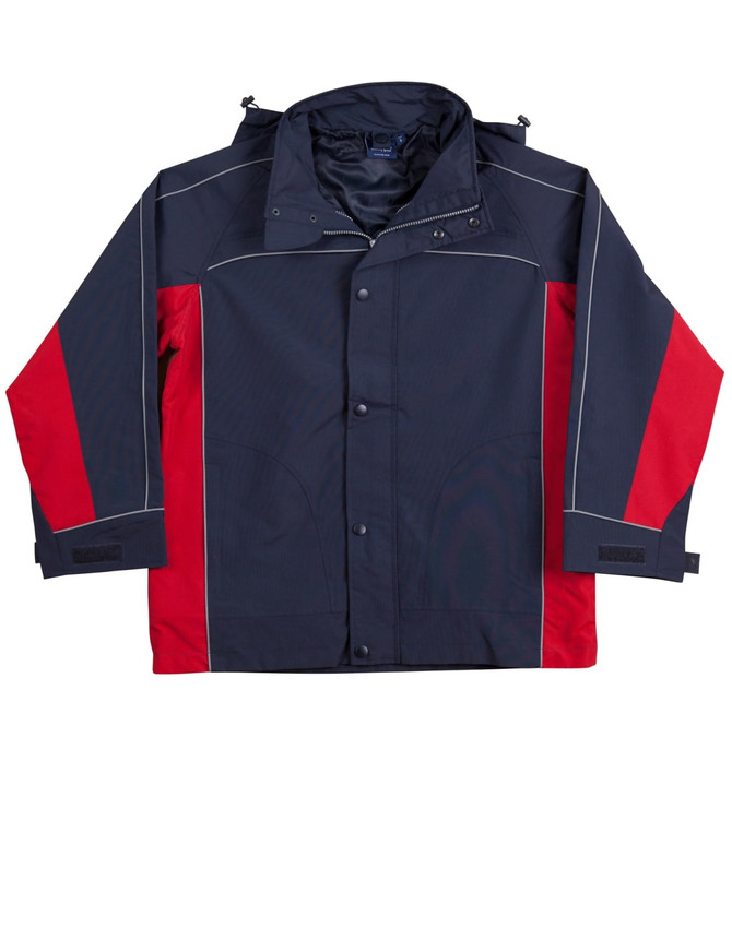 A navy and red 3-in-1 jacket featuring snap buttons and adjustable cuffs, with a logo on the chest.