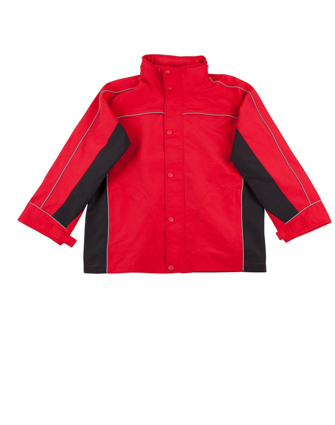 A red and black 3-in-1 jacket featuring a high collar and reflective piping, with a logo on the front.